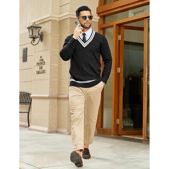 Men's V Neck Sweater Long Sleeve Cable Knit Sweater Pullover Slim Fit Ink Black - Picture 5 of 7